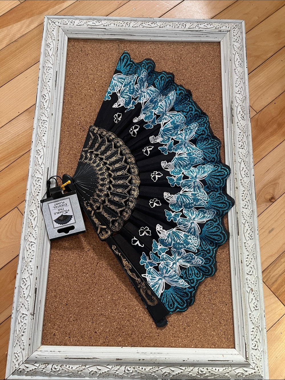 Decorative Black and Teal Lace Hand Fan - Elegant Butterfly Design